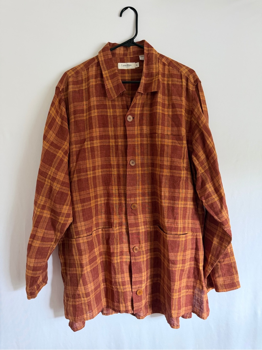 Vintage Calvin Klein Collection Made in Italy 100% Linen shirt Jacket plaid XL
